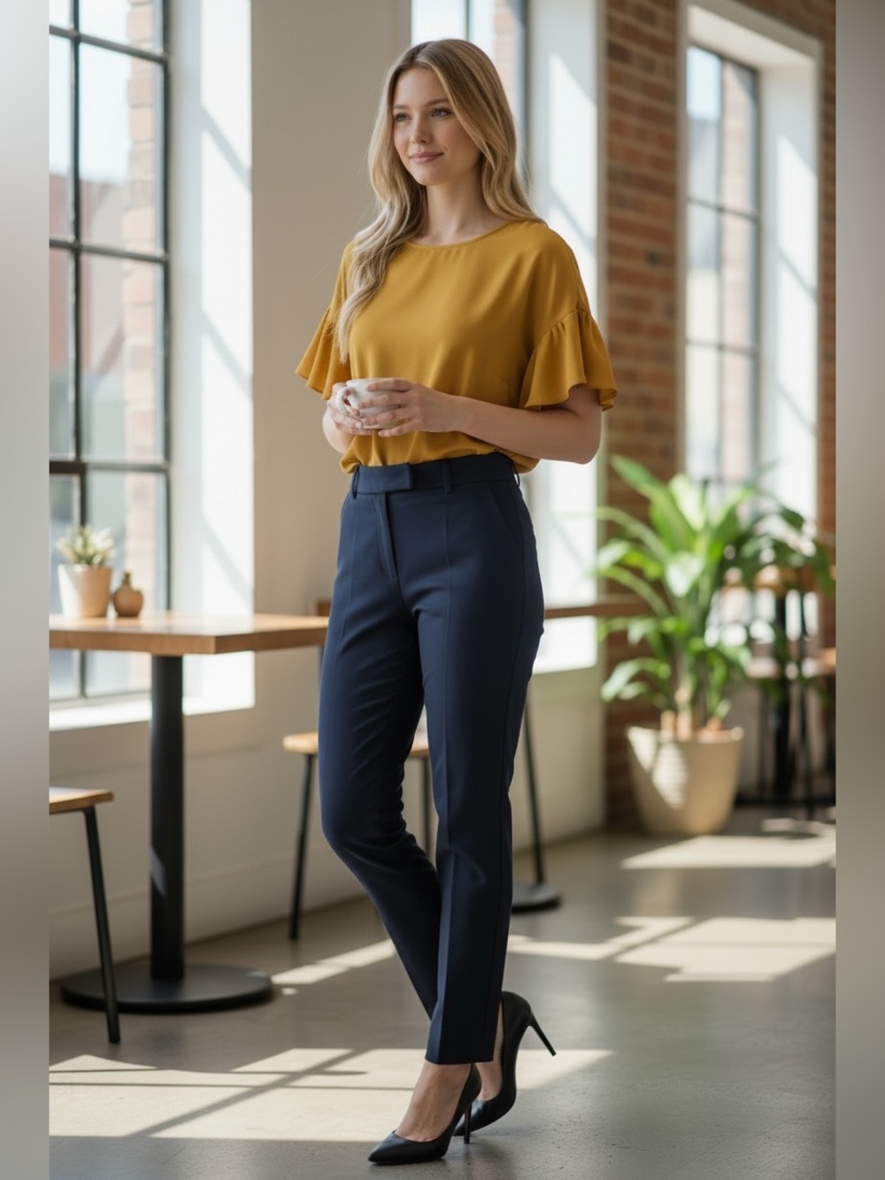Basque Mustard Yellow Ruffle Sleeve Blouse Women's Casual Top | Workwear